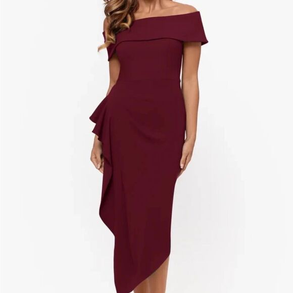 Betsy & Adam Dresses & Skirts - Women’s Betsy & Adam Asymmetrical Off-Shoulder Wine Dress Size 6 NWT
